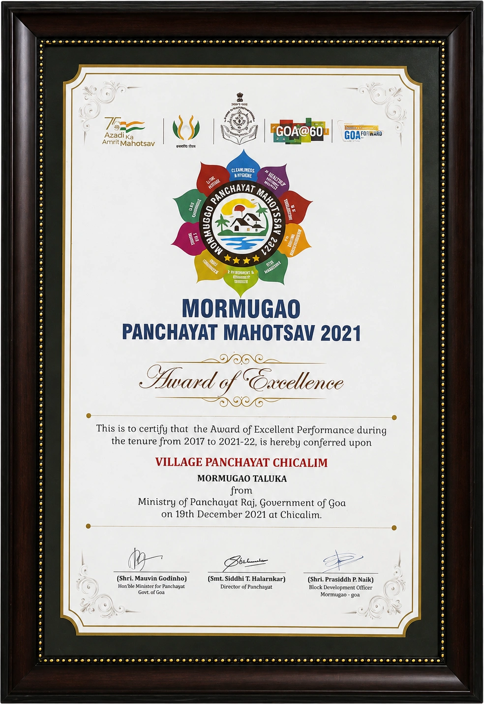 Mormugao Panchayat Mahotsav 2021 – Award of Excellence