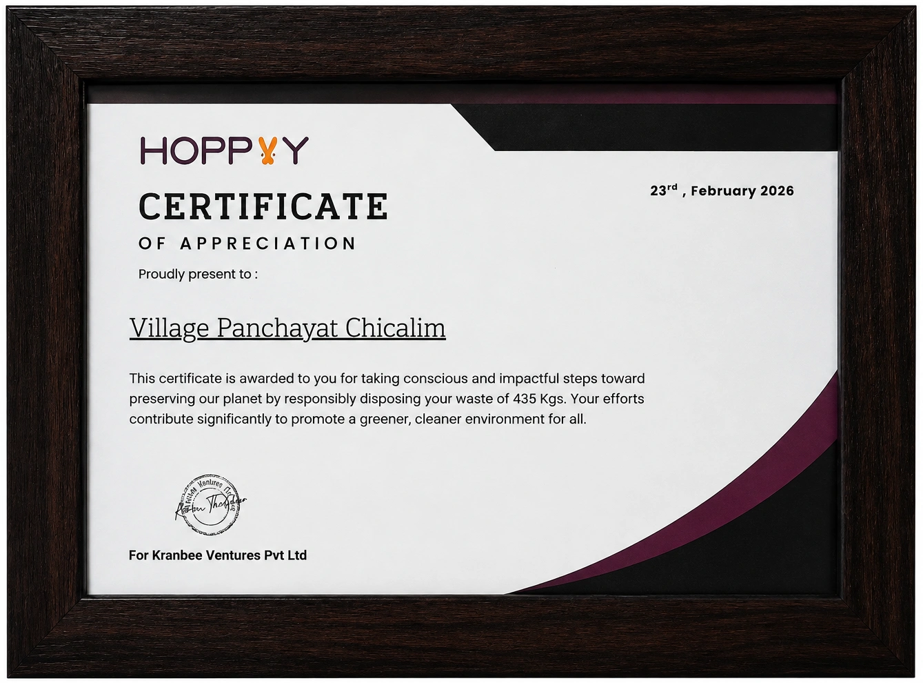 Certificate of Appreciation – Responsible Waste Disposal